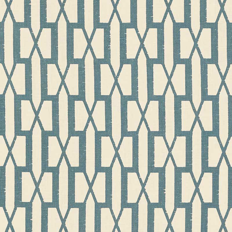 Teal geometric lattice pattern on cream wallpaper with interlocking X and rectangle shapes.