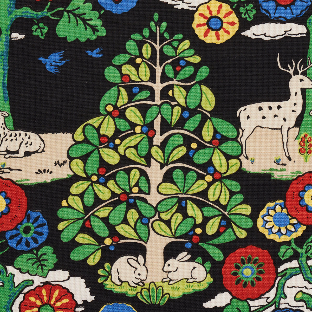 Colorful embroidery pattern with a central green-leaf tree, red berries, two rabbits, a deer, and bright flowers on black.
