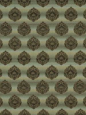 Sage green fabric featuring repeating brown damask medallions.