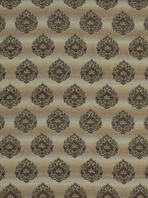 Beige fabric with repeating dark brown damask floral motifs arranged in a neat grid.