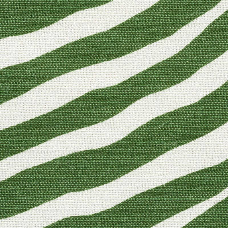 Green and white striped woven fabric with diagonal, wavy stripes; textured textile for upholstery or apparel.