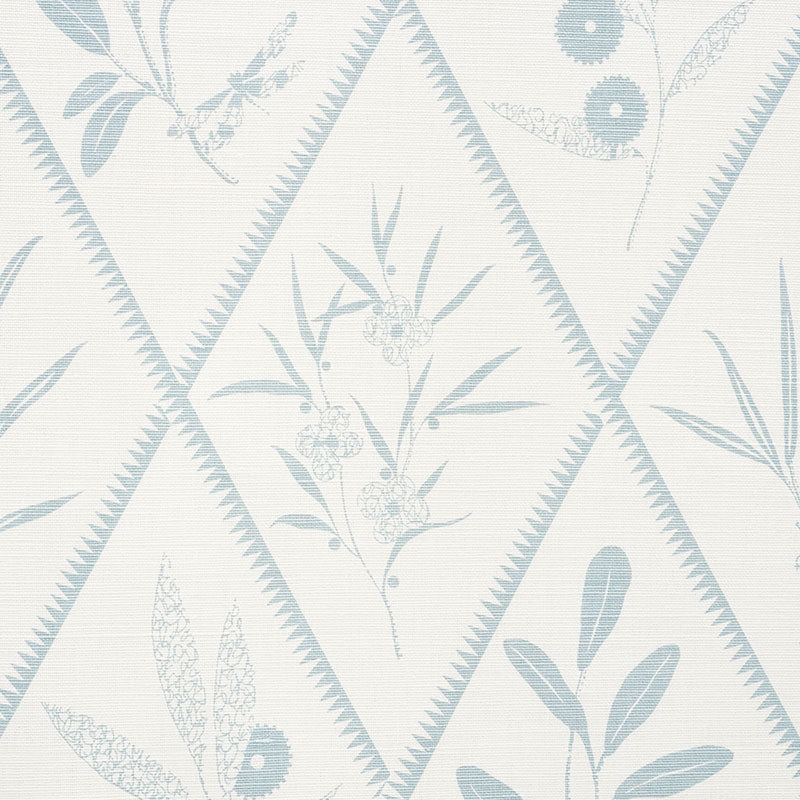 Light blue botanical fabric with diamond lattice panels and delicate floral sprigs on ivory background