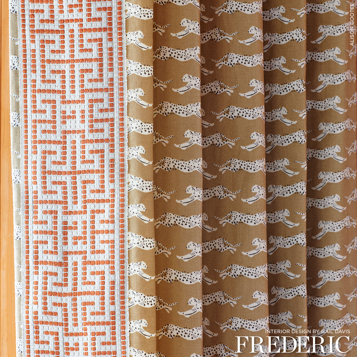 Geometric orange Greek key border curtain beside brown leopard-print panels, fabric for drapes.