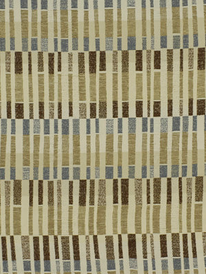 Textured woven upholstery fabric in beige with vertical cream stripes, blue-gray bands, and brown blocks forming a geometric pattern.