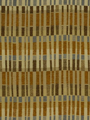 Geometric woven upholstery fabric with vertical amber, brown and blue-gray stripes forming a plaid-like grid.