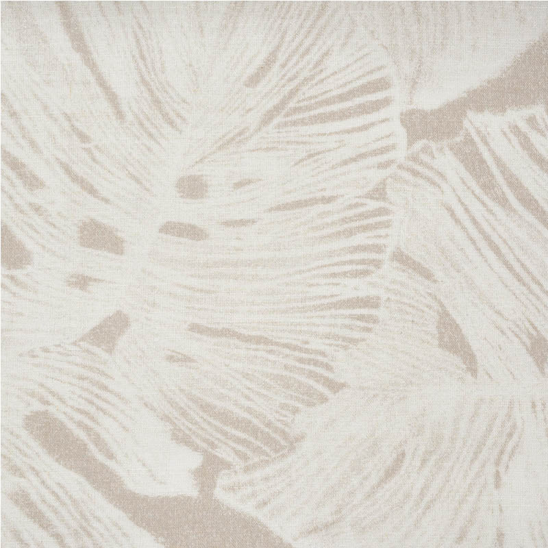 Beige and cream palm-leaf print on linen-look fabric; tropical, neutral decor textile for curtains or throws.