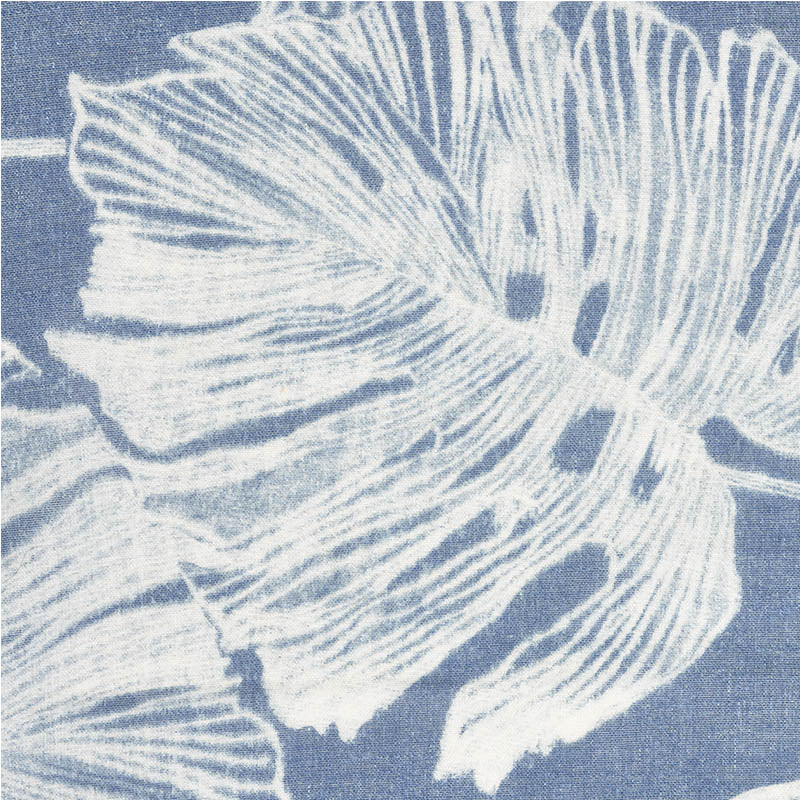 Blue fabric with white palm leaf print, linen-like texture, tropical botanical pattern.