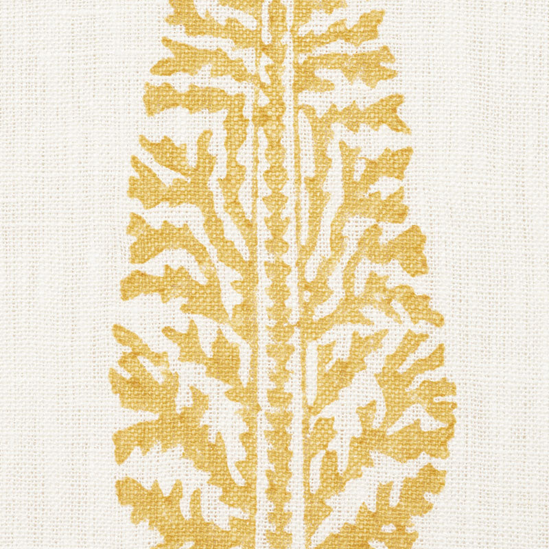Cream linen fabric with a vertical gold fern motif; decorative botanical print.