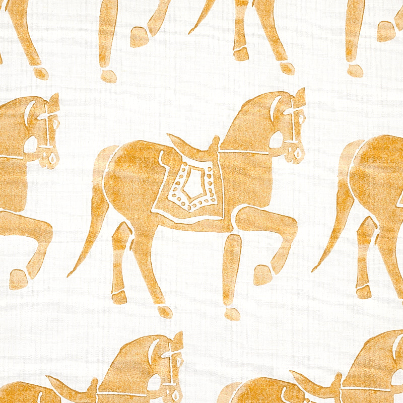 Orange horse pattern on cream fabric; stylized saddled horses in a repeating decorative textile design.
