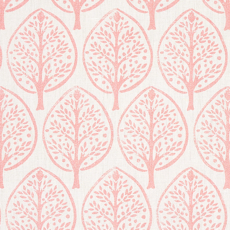 Repeating pink tree silhouettes inside teardrop frames on a light cream background.