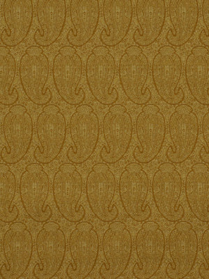 Gold damask fabric with repeating paisley motifs in jacquard weave for upholstery.