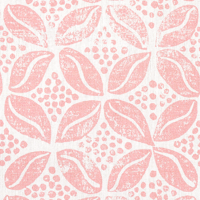 Soft pink fabric with a repeating coffee bean print pattern in a geometric layout.