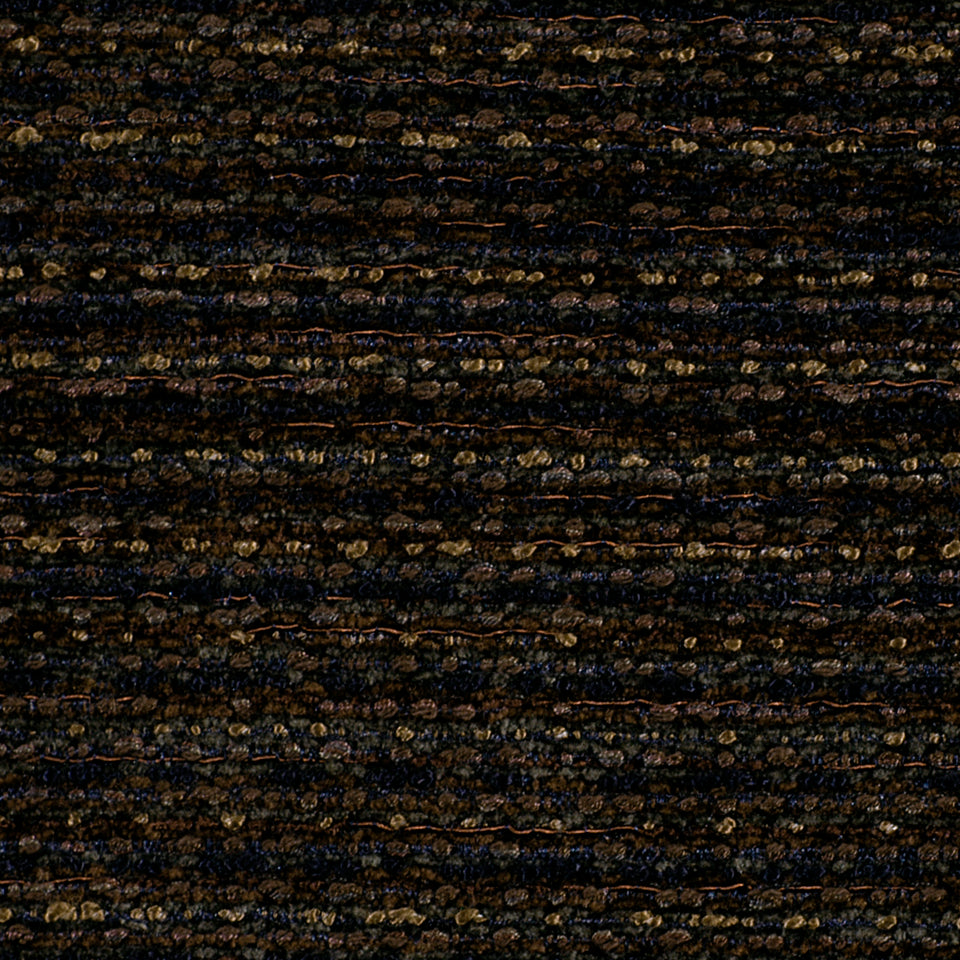 Close-up of dark brown and black textured woven fabric with subtle gold flecks and striped pattern.