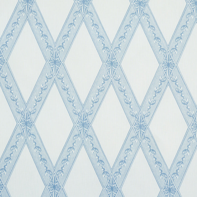 Light blue diamond lattice toile print with delicate floral garlands along each band on a pale background.