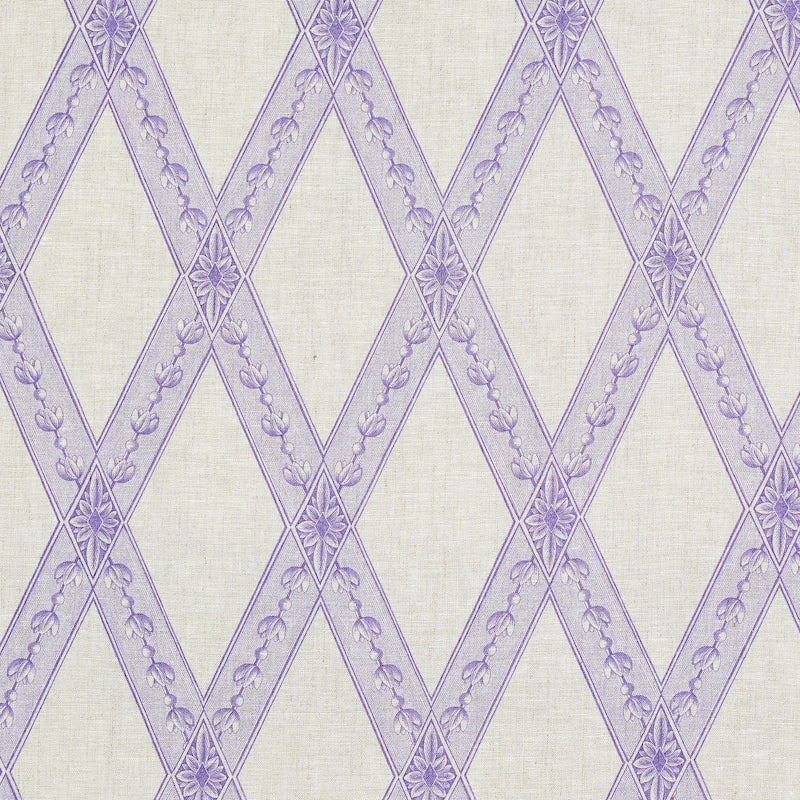 Cream toile print fabric with lilac purple diamond lattice and delicate floral vine motifs.