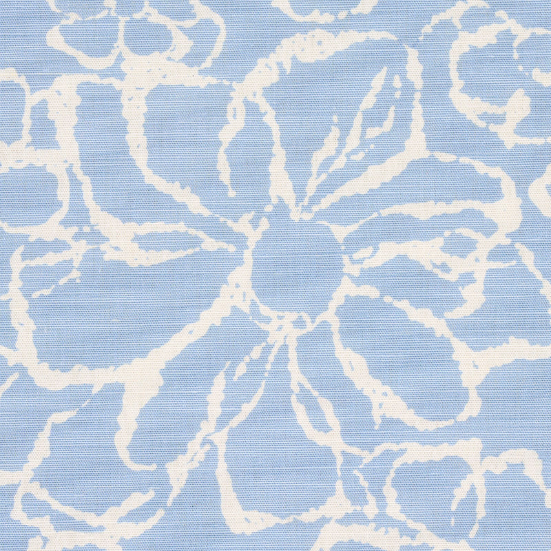 Light blue fabric with a large white abstract floral pattern, linen-like textile for clothing or home decor.