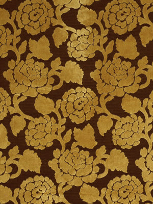 Gold damask floral pattern on brown background; ornate roses and leaves, ideal for upholstery.
