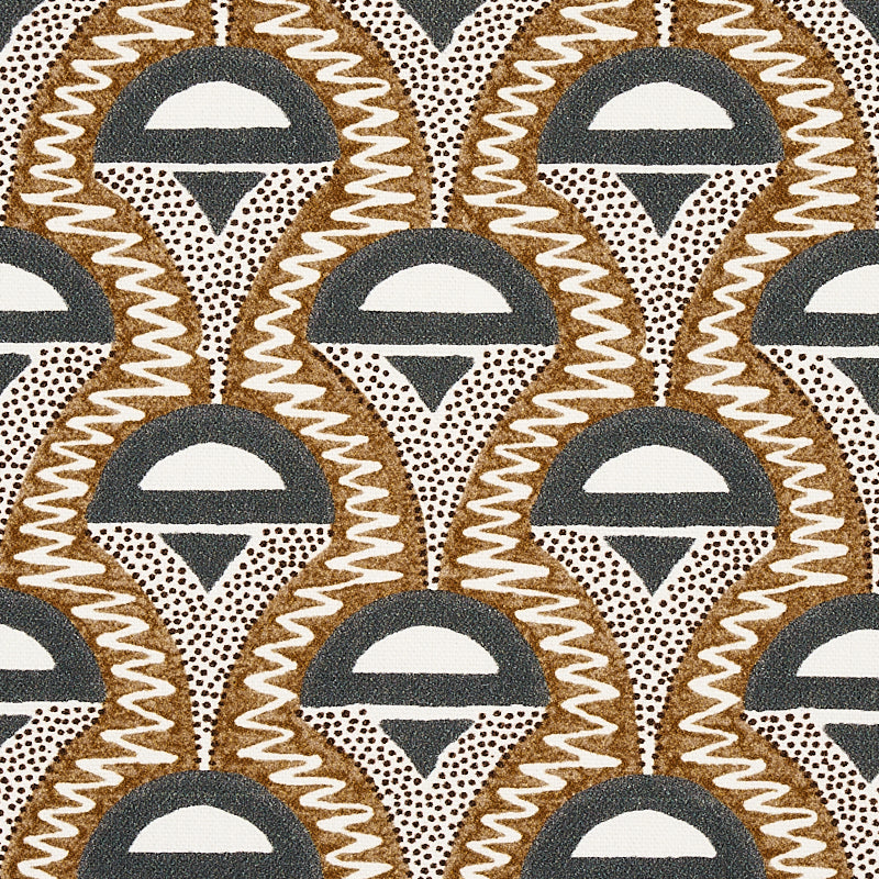 Geometric retro pattern with brown, gray and white teardrop shapes, dotted backdrop; fabric/woven look.