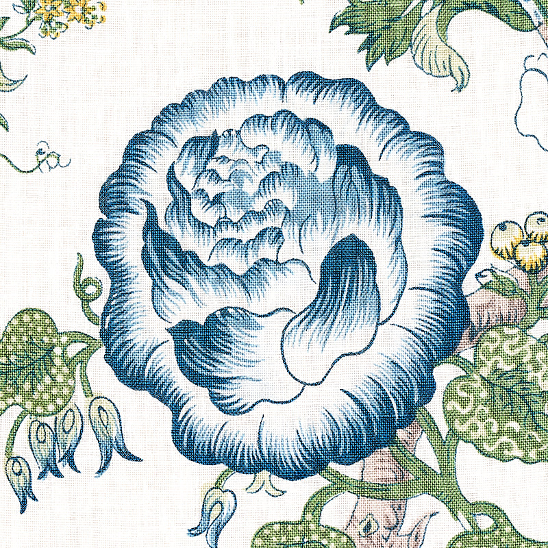 Large blue peony with green vines on cream linen-style background; vintage botanical fabric print.