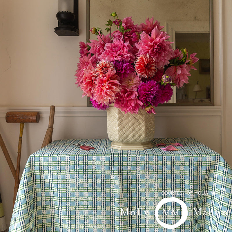 Trellis hand-block print fabric in sky & grass colors.