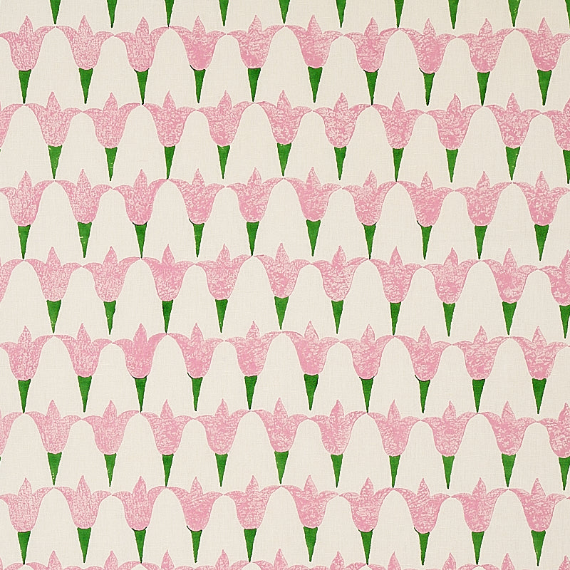 Pink tulip-like floral motif with green stems on beige background; repeating retro design