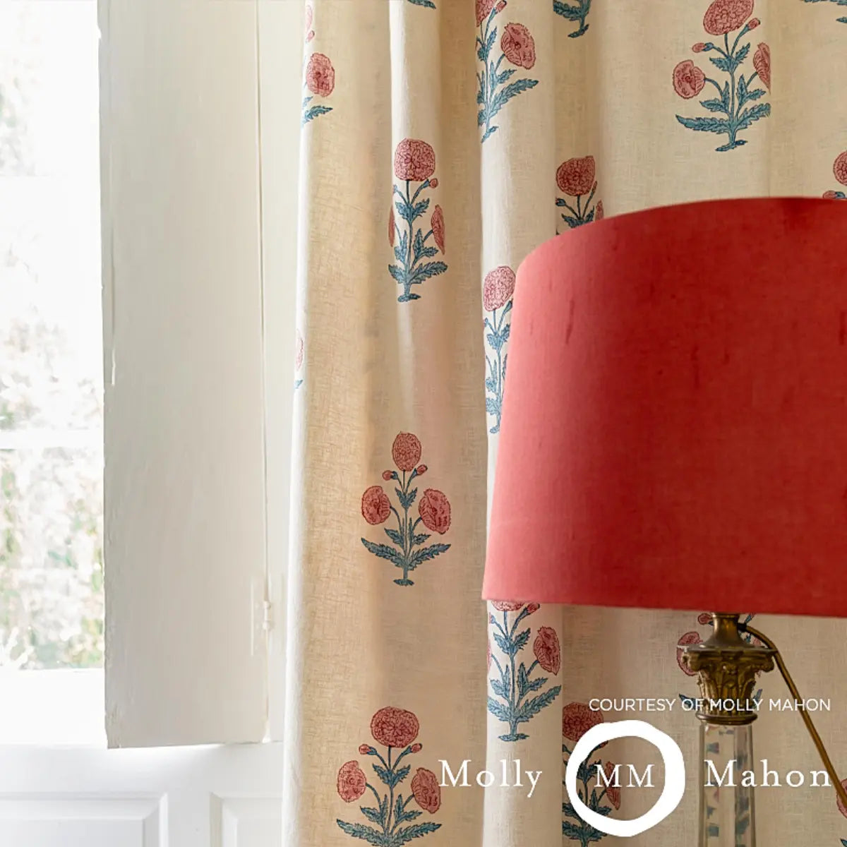 Molly Mahon Poppy hand-block printed linen fabric in Rose & Sky, featuring India’s iconic Mughal poppy design, perfect for curtains, cushions, table linens, wall panels, and decorative home projects with luxury heritage style