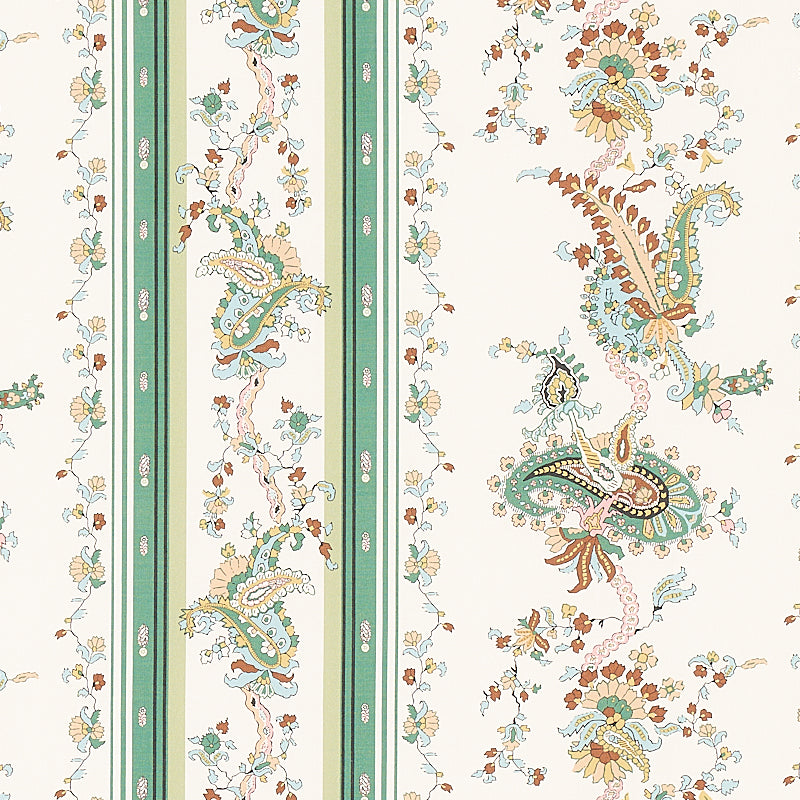 Cream wallpaper with vertical green striped borders and paisley stripe motifs in teal, rust, yellow, and blue.