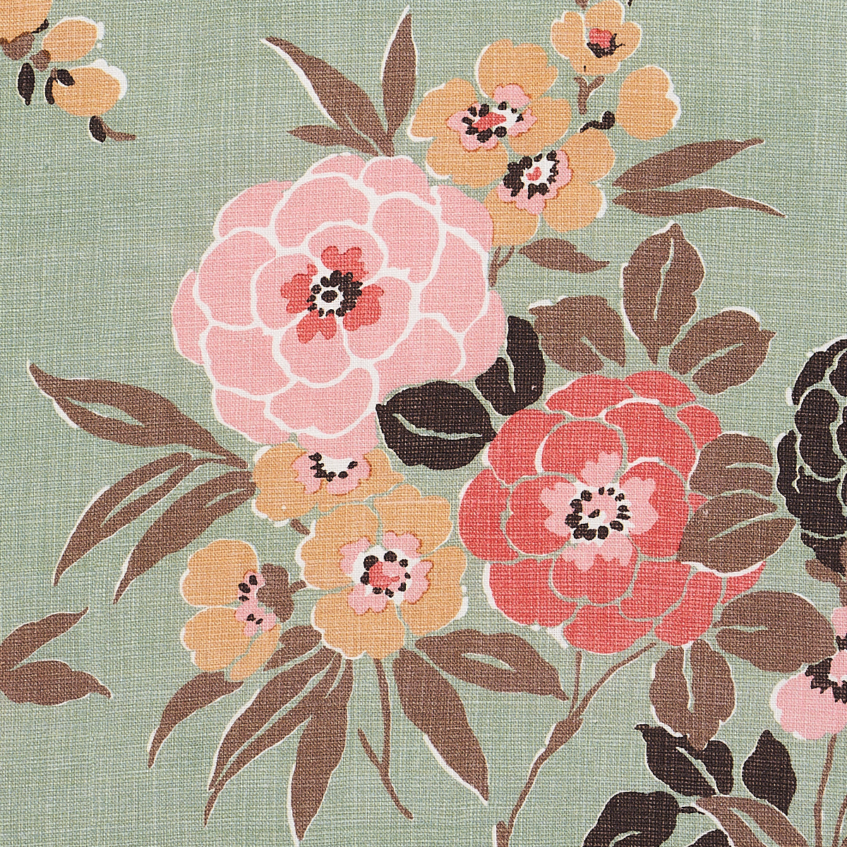 Sage-green fabric with a vintage floral print: large pink and peach blossoms and brown leaves.
