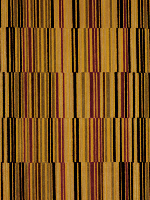 Woven fabric with narrow vertical stripes in warm yellows, gold, brown, burgundy and black; geometric striped pattern.