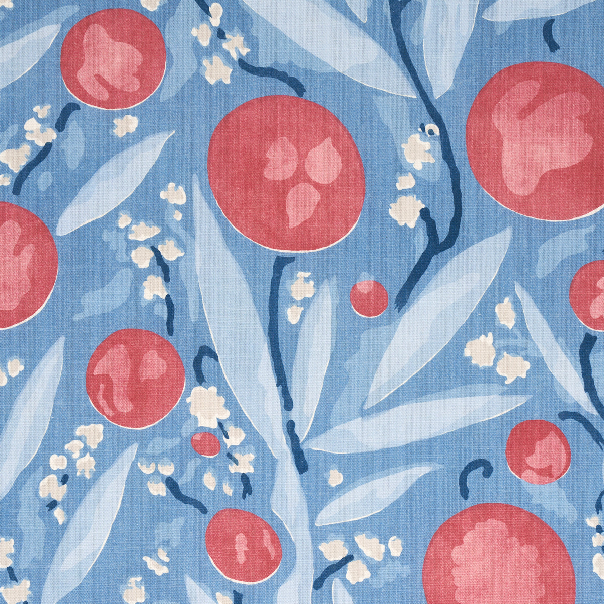 Blue botanical textile with red round fruits, pale blue leaves and white blossoms; ideal for dresses or home decor.