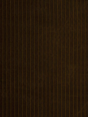 Dark brown upholstery fabric with thin gold vertical pinstripes; rectangular fabric sample.