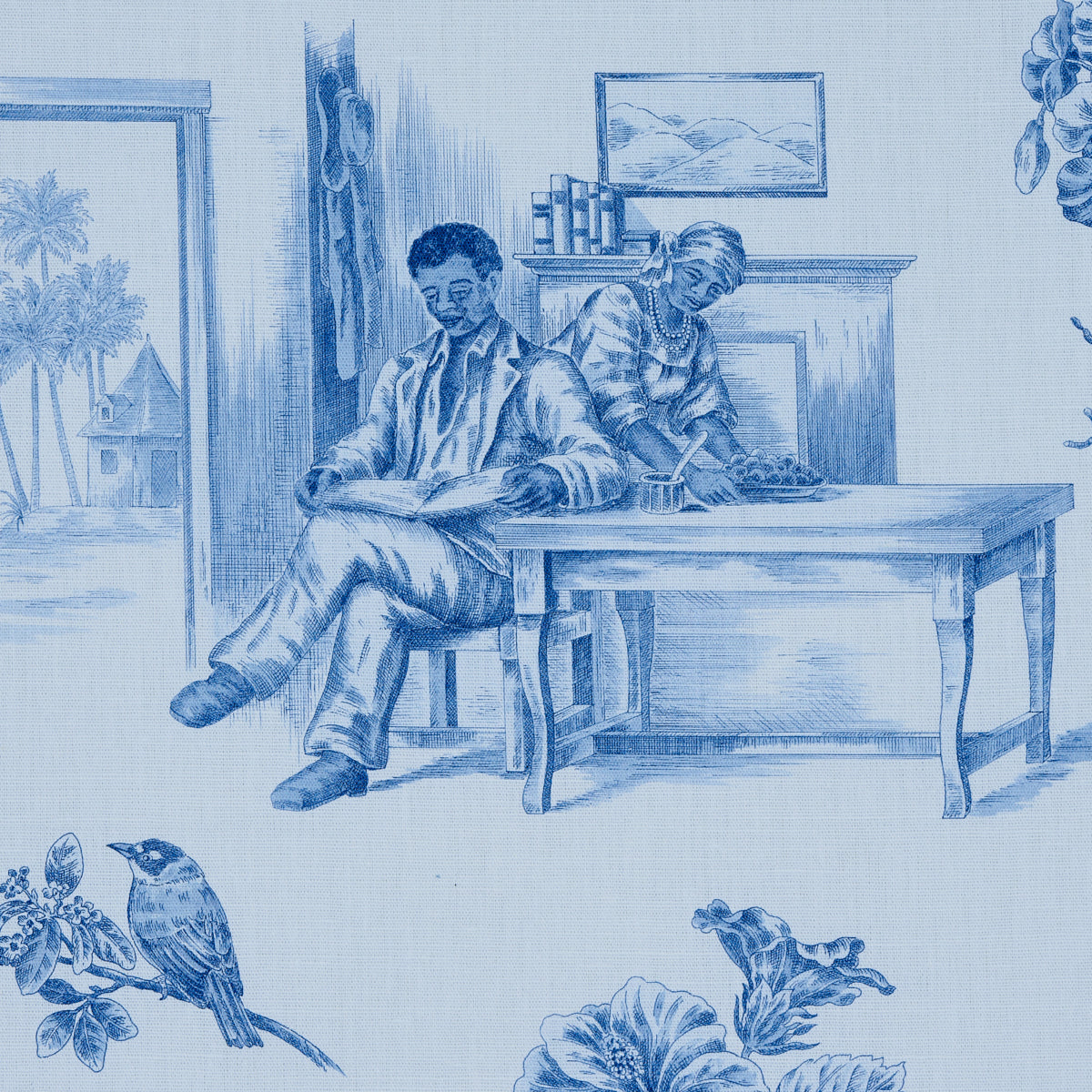 Blue-and-white Delft-style toile print showing two people at a table in a living room, with a bird and flowers in the foreground.