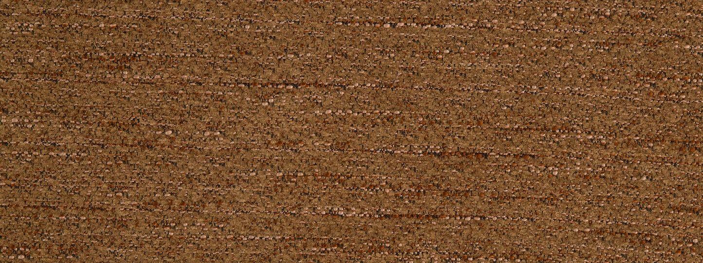 Close-up of saddle-colored upholstery fabric with a textured weave in warm brown tones.