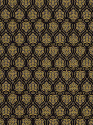Dark brown fabric with repeating gold damask pattern and ornate teardrop motifs, vintage elegance.
