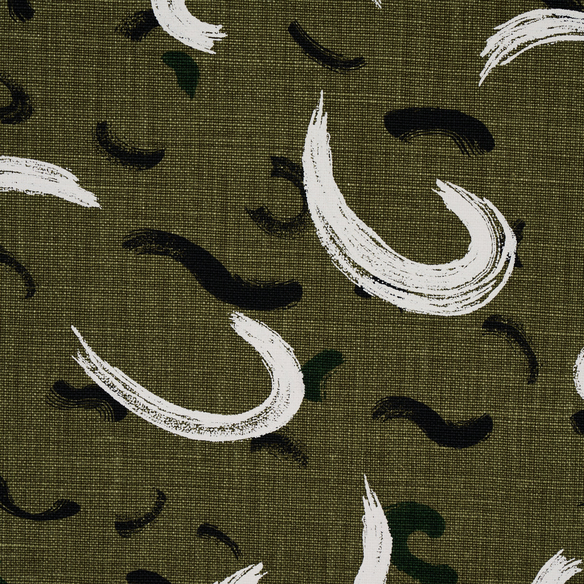 Olive green woven fabric pattern with white brushstroke crescents, black curved marks, and small green leaf accents.