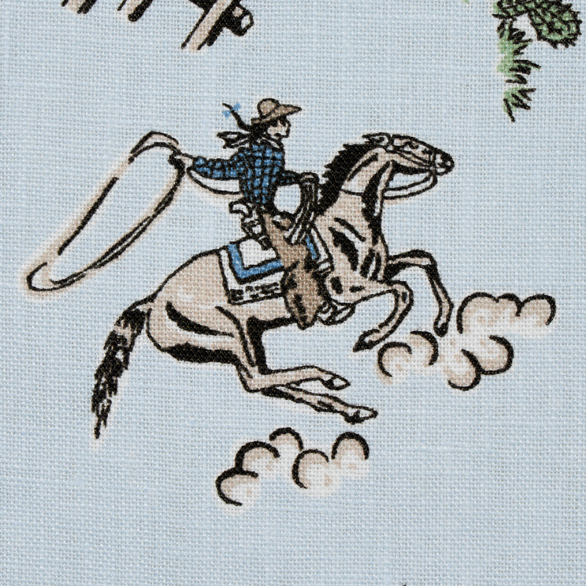 Cowboy on a galloping gray horse with rope lasso, blue plaid shirt & hat, on a light blue background & clouds.