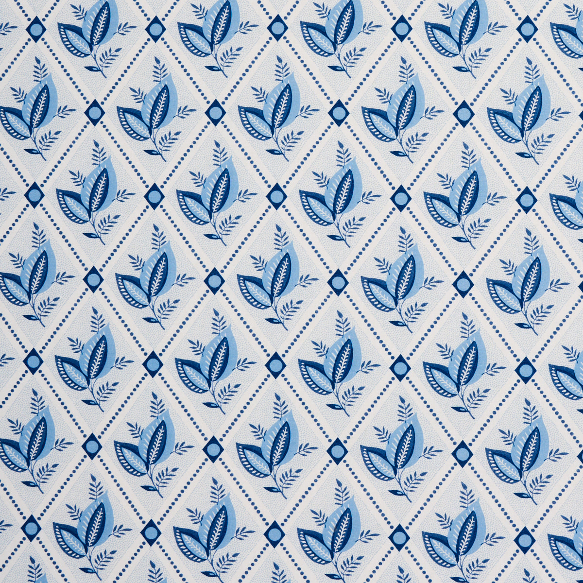 Blue trellis print with a diamond lattice pattern on light fabric, decorative textile for upholstery or curtains.