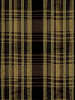 Brown and beige plaid fabric with dark brown and tan stripes in a classic tartan pattern, woven textile.