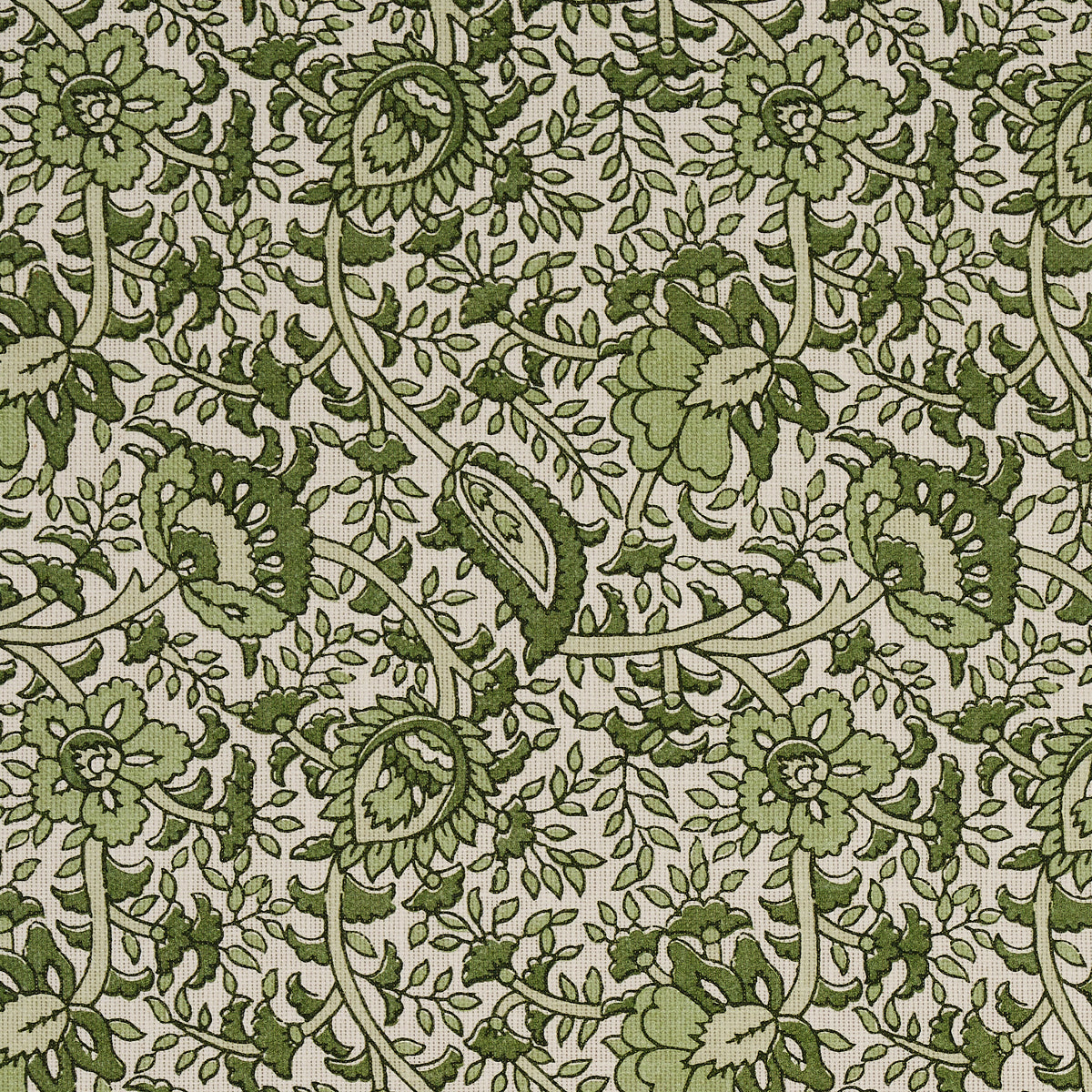 Green floral pattern on beige fabric; vines, leaves and large blossoms in vintage botanical style.