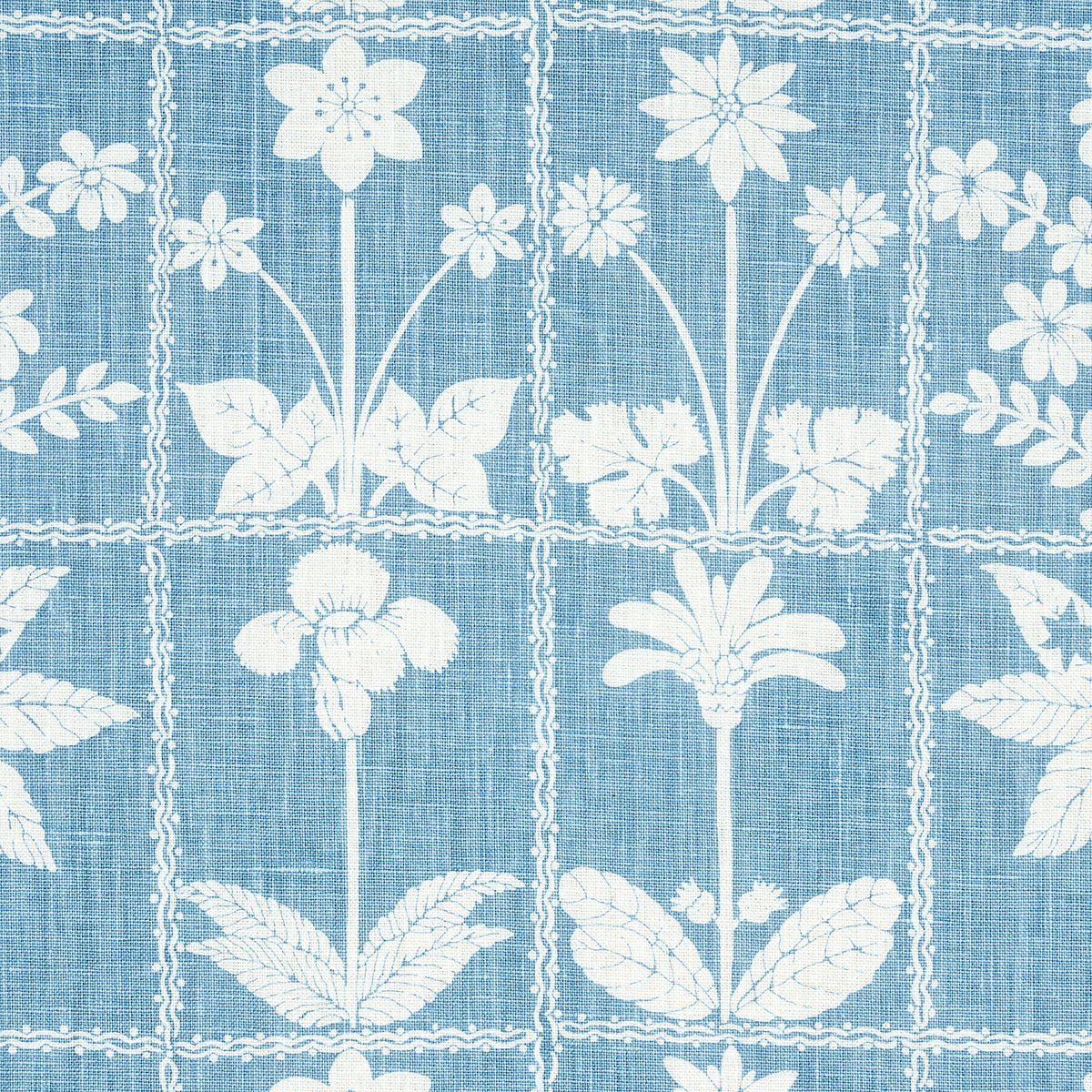 Blue fabric with white floral botanical print in square panels; vintage-inspired textile for curtains or upholstery.