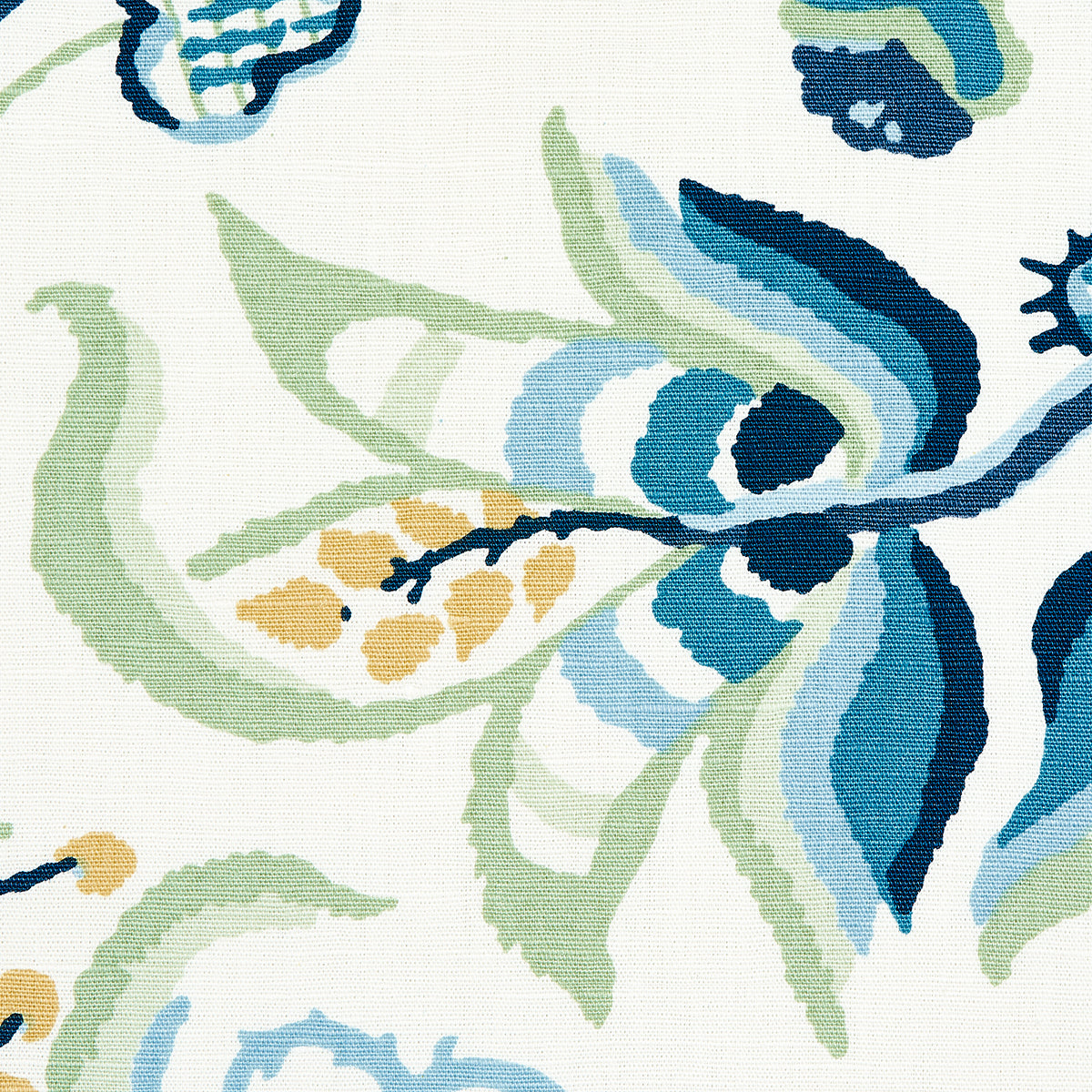 Watercolor-style floral pattern in blues, teals, and greens on light textured fabric.