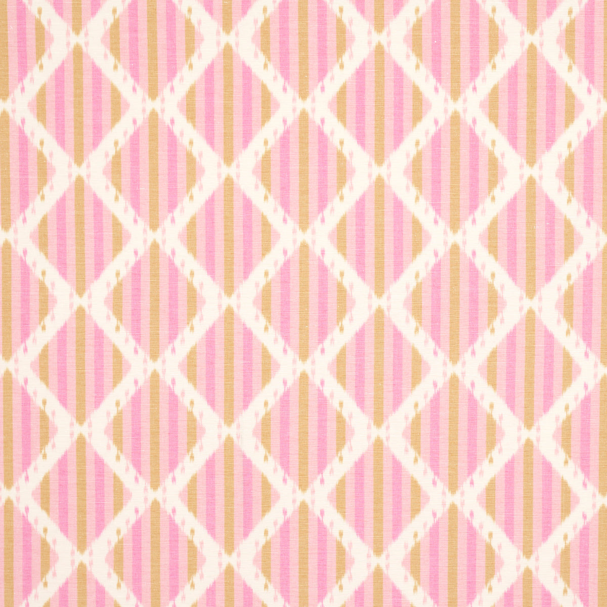 Pink striped wallpaper featuring cream diamond lattice outlined in white with peach accents.