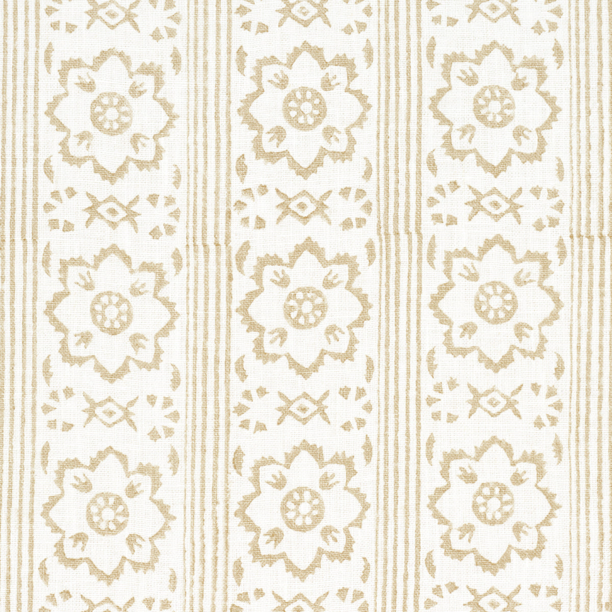 Beige floral medallion pattern with vertical stripes on cream fabric; vintage-style rug or wallpaper design.