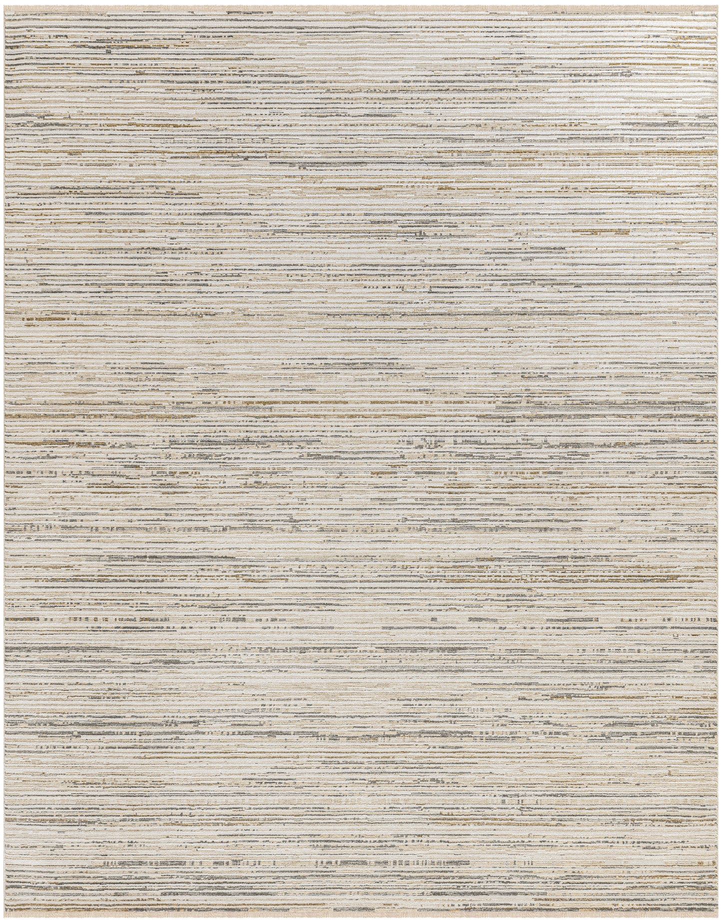 Rectangular beige and gray striped woven rug with subtle horizontal lines; natural fiber look, modern neutral decor.