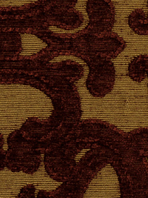 Cayenne-colored damask upholstery fabric with an ornate pattern; suitable for furniture upholstery.