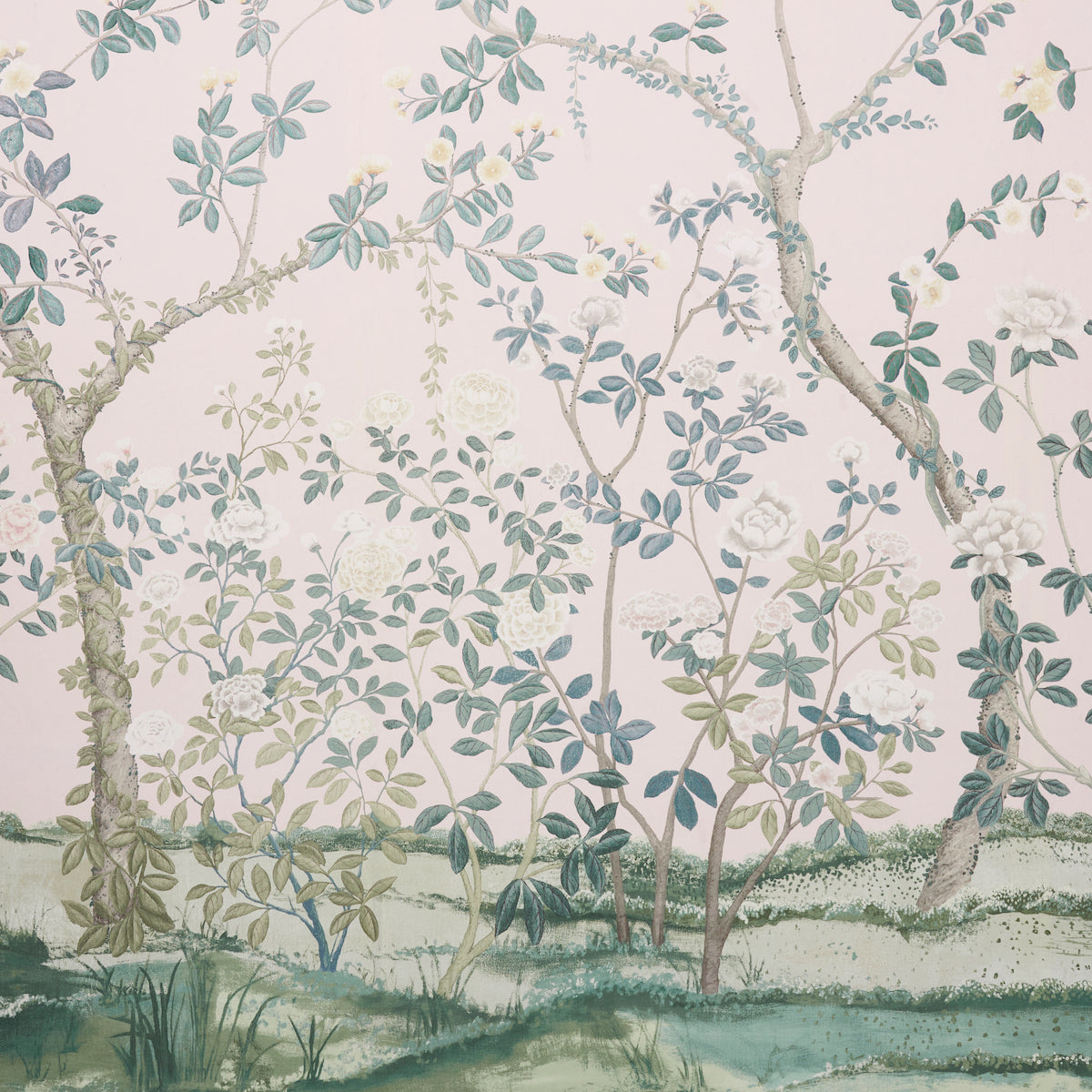 Watercolor-style botanical wallpaper with slender trees, leafy blue-green branches on a pale pink background.