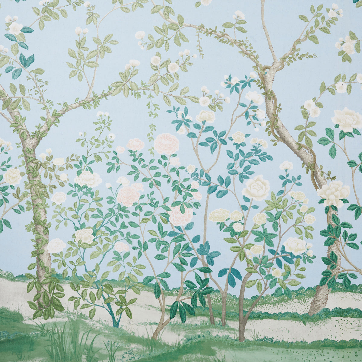Light blue botanical wallpaper with white roses, green leaves and trees in a watercolor garden motif.