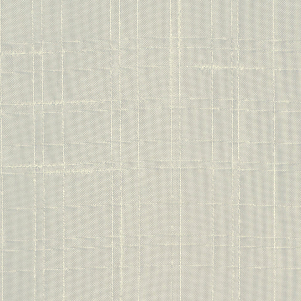Beige woven drapery fabric with a subtle cream plaid grid pattern; textured fabric suitable for window treatments.