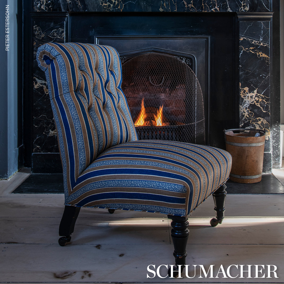 SCHUMACHER FABRIC LE MAX AUGUSTE STRIPE MARINE & COGNAC - 181710