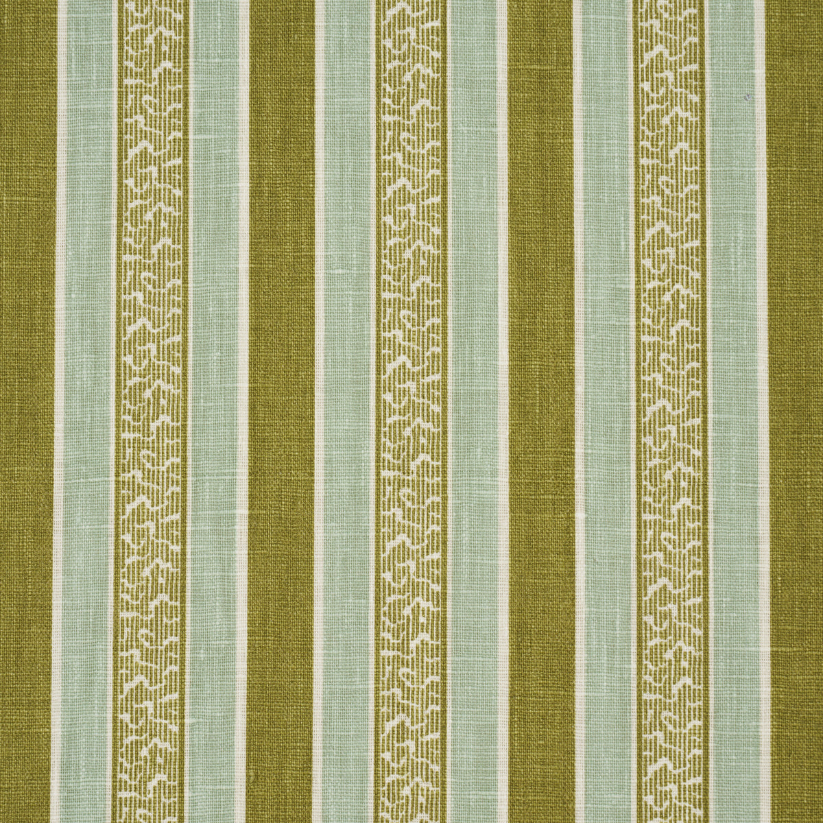 Vertical striped fabric in olive green, pale blue-green, and narrow ornate cream stripe; upholstery or drapery use.